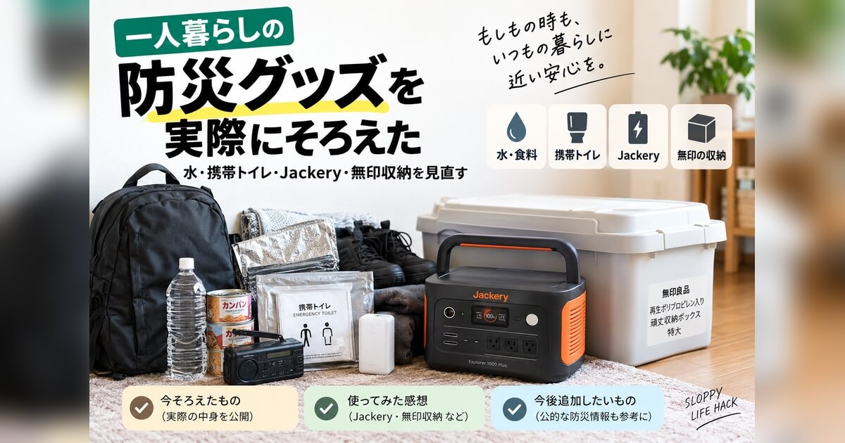 一人暮らしの防災グッズを持ち出し用・自宅備蓄・停電対策に分けて準備するイメージ